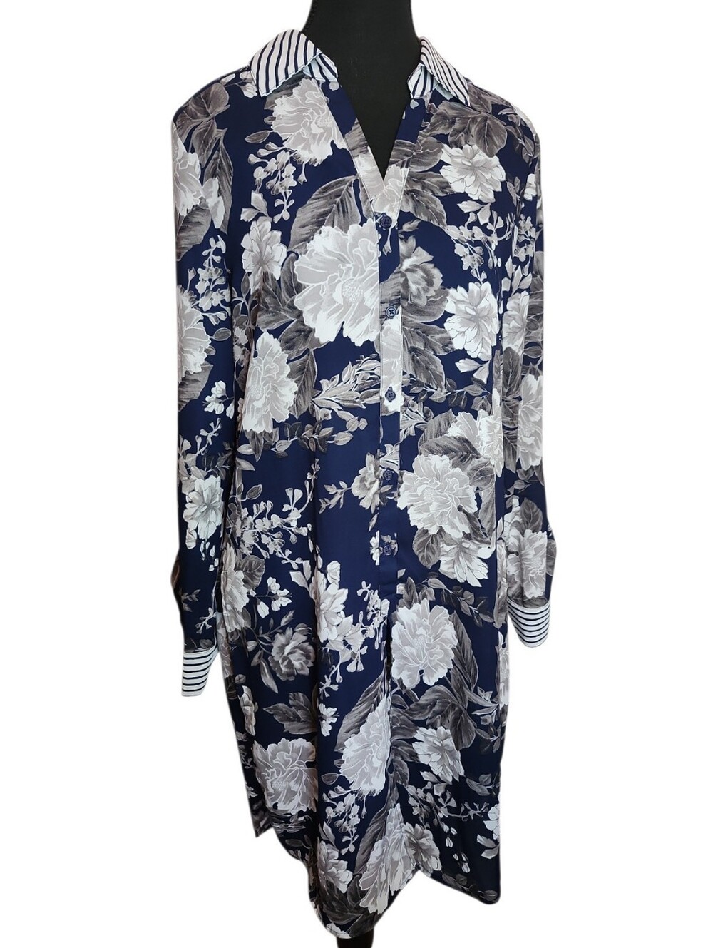 Cleo Navy Blue Floral Long-Sleeve Shirt Dress Size Small